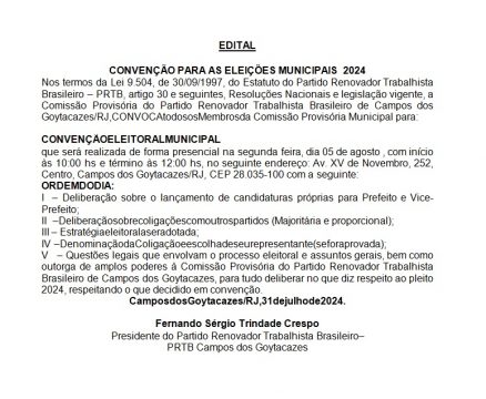  EDITAL: CONVENÇÃO PARA AS ELEIÇÕES MUNICIPAIS  2024