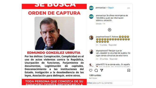  Regime de Maduro acusa González de “conspiração” e oferece recompensa de US$ 100 mil por sua captura