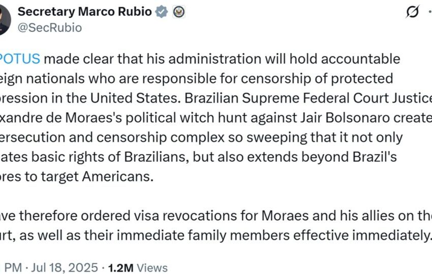  Governo Trump revoga vistos de Moraes, “aliados” dele no STF e familiares