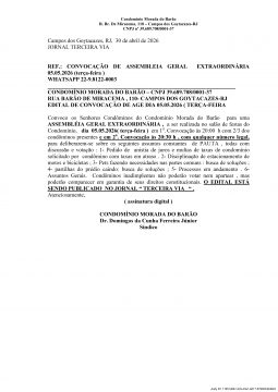  Edital de convocação de Assembleia Geral Extraordinária do Condomínio Morada do Barão, em Campos
